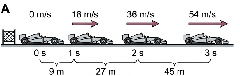 Formula One car accelerating from the starting grid with velocity arrows growing at one-second intervals