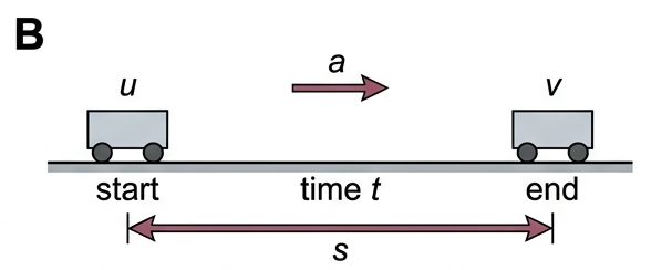 A body at a start point labelled u and an end point labelled v, joined by a displacement arrow s, with constant acceleration a and elapsed time t marked