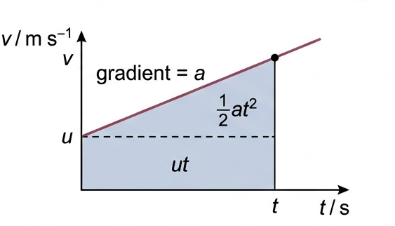 Velocity-time graph, straight line from u to v, with the area beneath shaded and split into a rectangle and a triangle