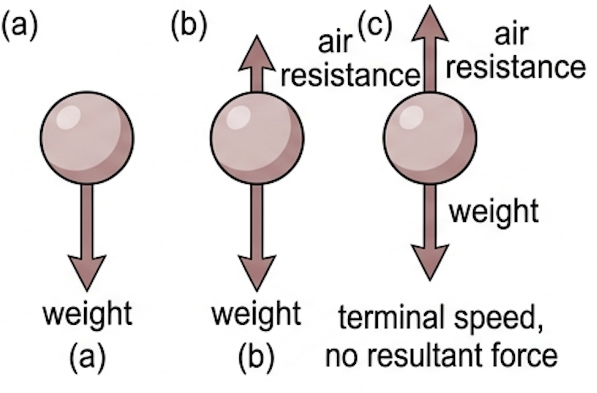 Falling ball: drag grows until it equals weight at terminal speed.