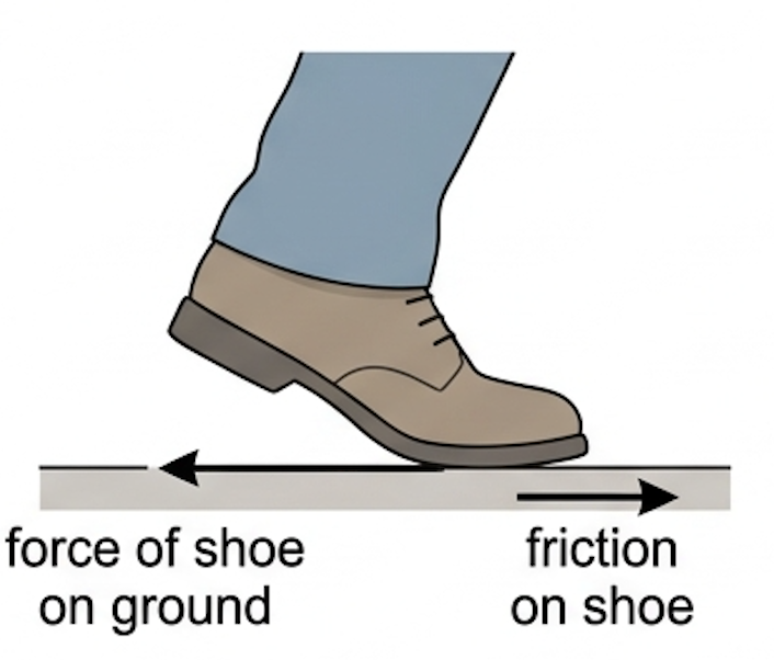 Shoe pushing backwards on the ground with an equal frictional force pushing the shoe forwards