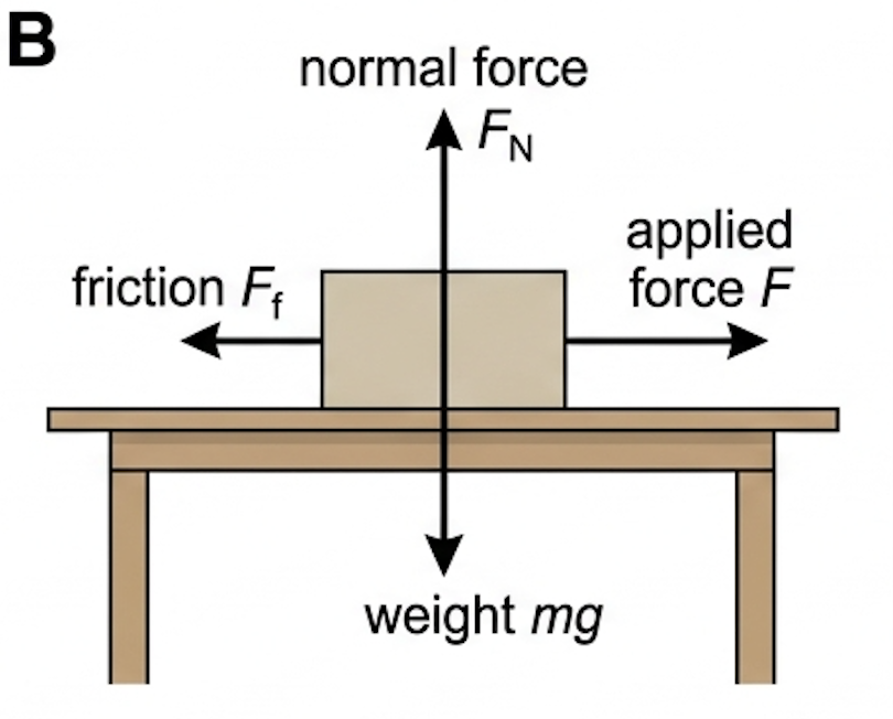 Free body diagram of a block on a horizontal surface with weight, normal force, applied pull and friction