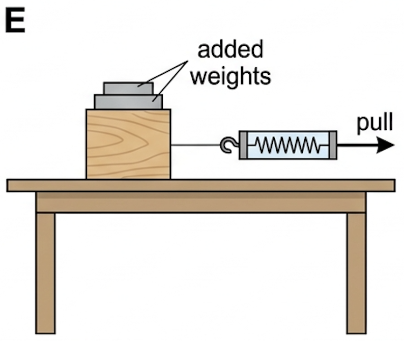Laboratory setup: wooden block pulled by a force meter across a table with weights stacked on top