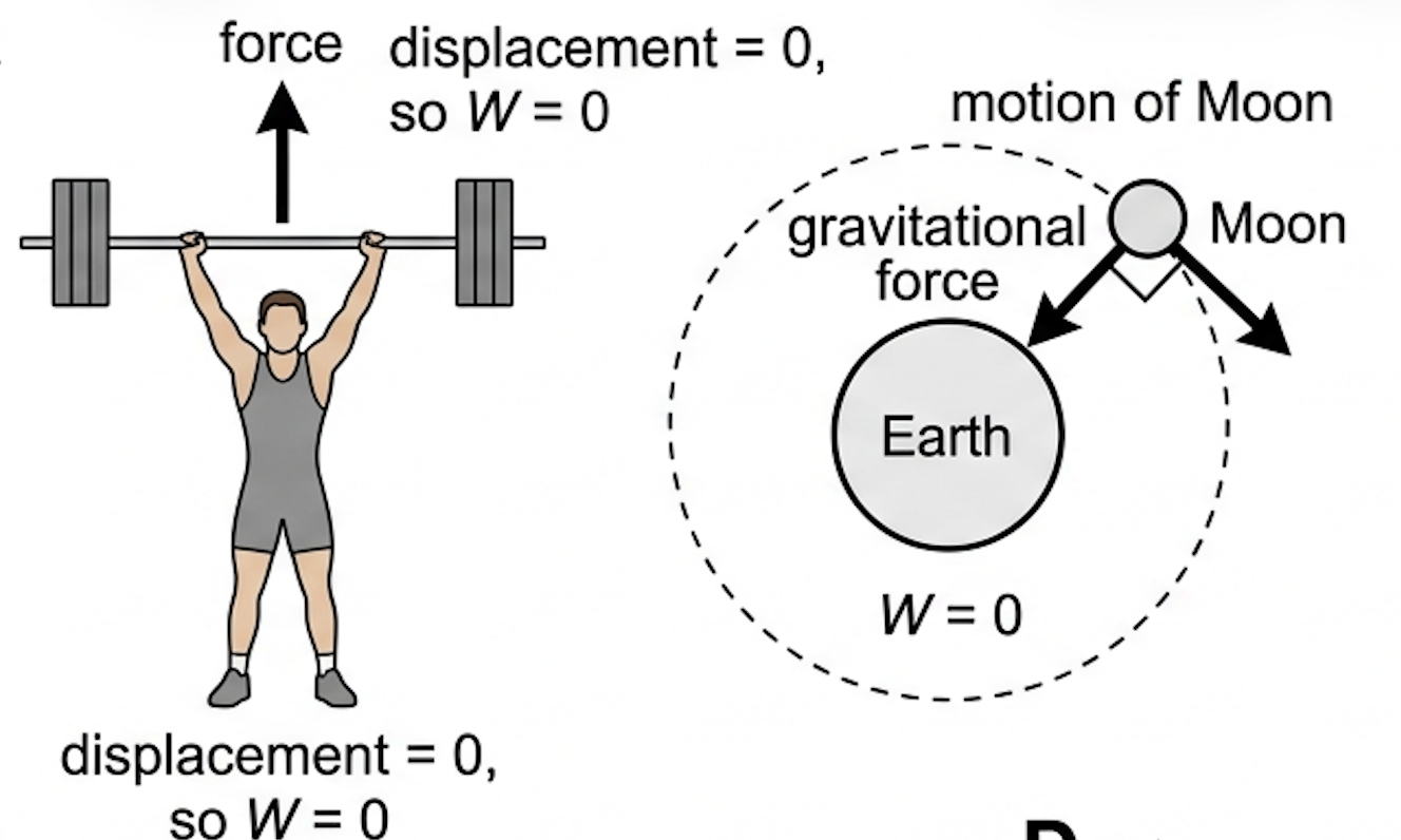A weightlifter holding a barbell overhead with a large upward force arrow and a zero displacement label, beside the Moon orbiting Earth with the gravitational force perpendicular to its motion