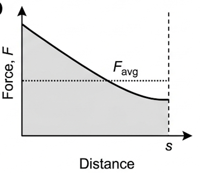 Force against distance graph with a curved decreasing line, the area under it shaded, and a dotted horizontal average force line