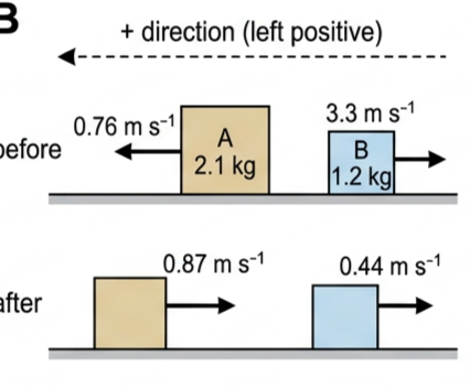 Before and after diagram of a head-on collision between two blocks with velocity arrows and a sign convention arrow