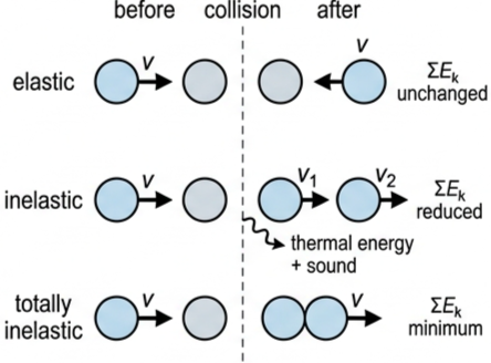 Three-row comparison of elastic, inelastic and totally inelastic collisions with before and after velocities
