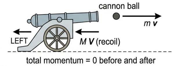 Cannon firing a ball to the right with a recoil arrow pointing left
