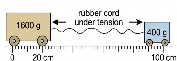 Two trolleys of 1600 g and 400 g on a friction-free surface joined by a thin rubber cord, on a scale from 0 to 100 cm