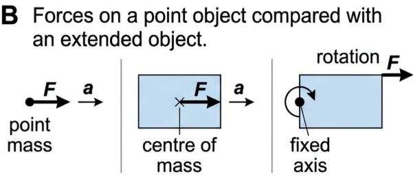Three-part comparison: force on a point mass, force through the centre of mass of an extended object, and force off-centre on an object with a fixed axis producing rotation