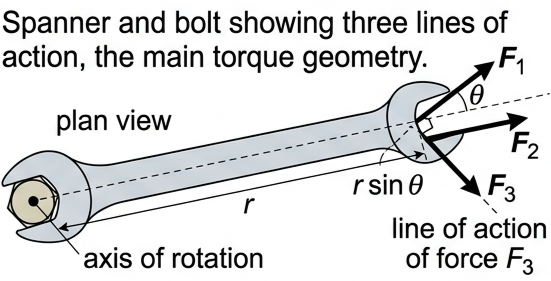 Spanner on a bolt with three forces F1 along the spanner, F2 perpendicular to it and F3 at angle theta, showing r, the line of action of F3 and the perpendicular distance r sin theta