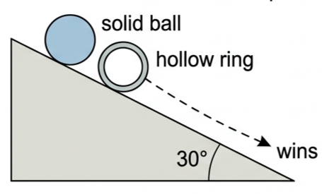A solid ball and a hollow ring released together at the top of a ramp, with the ball's path reaching further down the slope