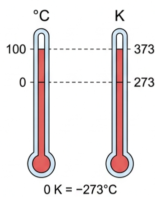 Celsius and Kelvin thermometer scales side by side with matching fill heights
