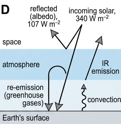 Diagram of energy flow through the Earth's atmosphere: incoming solar radiation, reflection, absorption at the surface and in the atmosphere, infrared emission, greenhouse gas absorption and re-emission, and convection