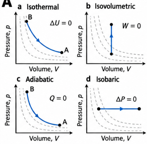 Four pressure-volume diagrams in a 2x2 grid showing isothermal, isovolumetric, adiabatic and isobaric processes, each with dotted isothermal reference curves