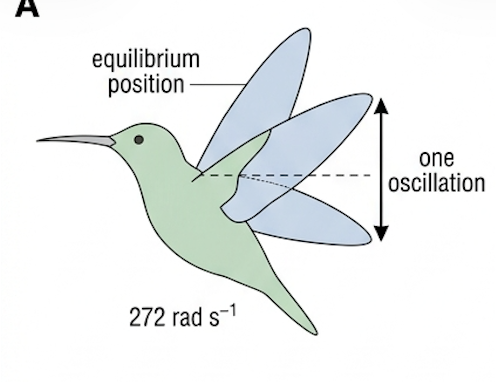 Hummingbird hovering with wings drawn at the top and bottom of a wingbeat, arrows showing repeated motion about a central line