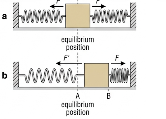 Mass between two horizontal springs, part a at equilibrium with balanced forces, part b displaced with a resultant force