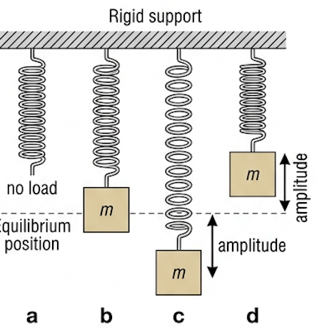 Four stages of a mass on a vertical spring: no load, equilibrium, lowest point and highest point, with amplitude marked