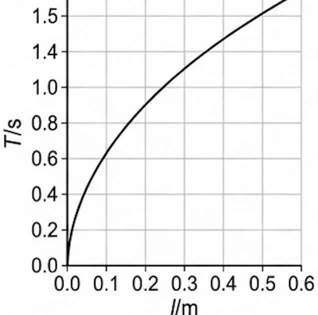 Graph of time period T against pendulum length l, a curve of decreasing gradient from the origin