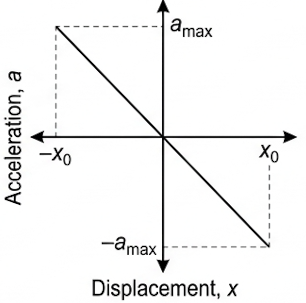 Acceleration against displacement graph for SHM: straight line of negative gradient through the origin from plus a max at minus x zero to minus a max at plus x zero