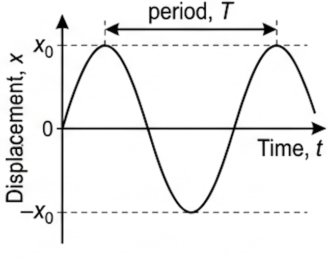 Displacement against time graph for SHM starting at zero displacement, with amplitude x zero and time period T marked