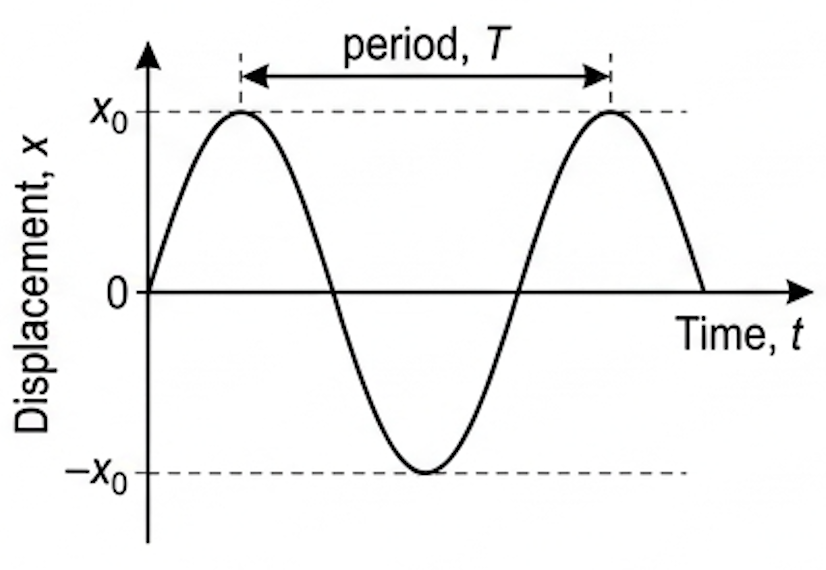 Three stacked graphs against time for SHM: displacement, velocity and acceleration, with zero and maximum gradient points marked