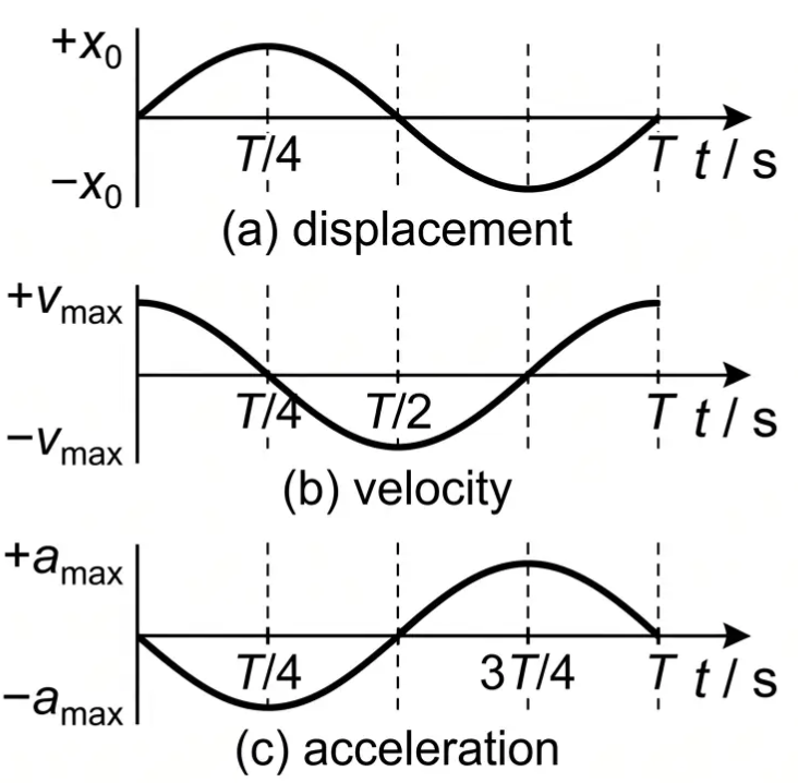 Four identical swings side by side, each at a different point of its oscillation, showing oscillations out of phase