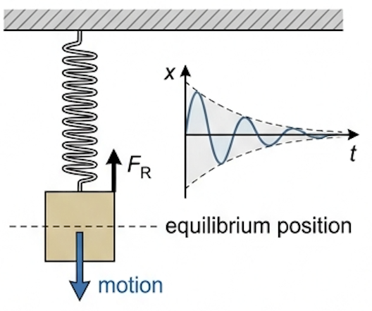 Mass on a spring oscillating, with a resistive force arrow acting in the opposite direction to the motion arrow, and the amplitude decaying to zero