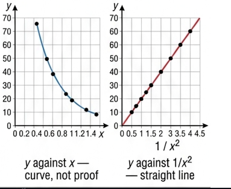 Two small graphs of the Table C3.1 data: y against x as a falling curve, and y against one over x squared as a straight line