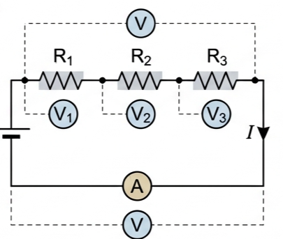 Three resistors R1, R2, R3 connected in series with a voltage source, ammeter and voltmeters across each resistor