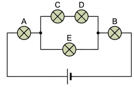 Circuit with five lamps: A and B in series in the main path, with C and D in series forming one parallel branch and E alone forming the other