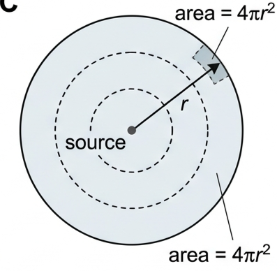 A point source radiating spherical wavefronts, with the sphere of radius r and surface area 4 pi r squared labelled